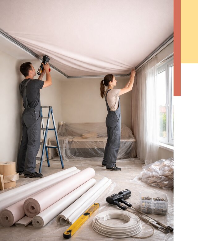 Монтаж цветного натяжного потолка в Саратове от 4298 руб/м² — быстро и недорого | ОТДЕЛОЧНИК-Срт