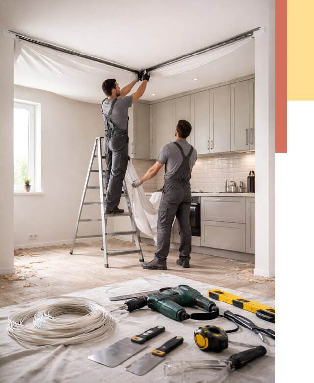 Установка натяжного потолка на кухне в Саратове от 2456 руб. | ОТДЕЛОЧНИК-Срт