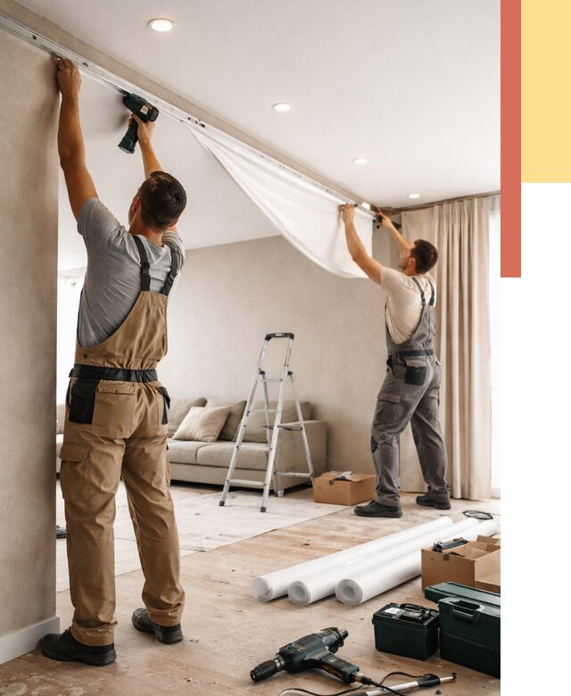 Монтаж натяжного потолка в гостиной в Саратове от 563 руб. | ОТДЕЛОЧНИК-Срт