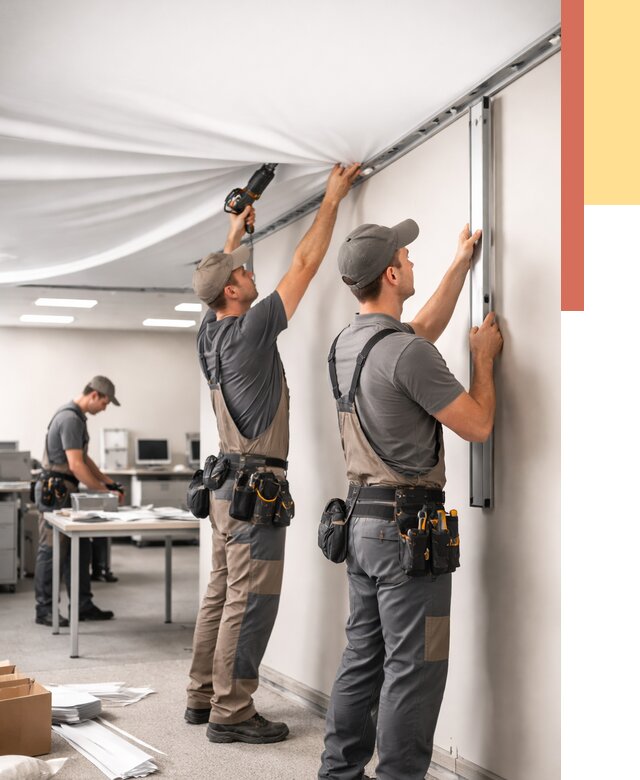 Монтаж натяжного потолка в офисе в Саратове от 460 руб/м² — быстро и недорого | ОТДЕЛОЧНИК-Срт