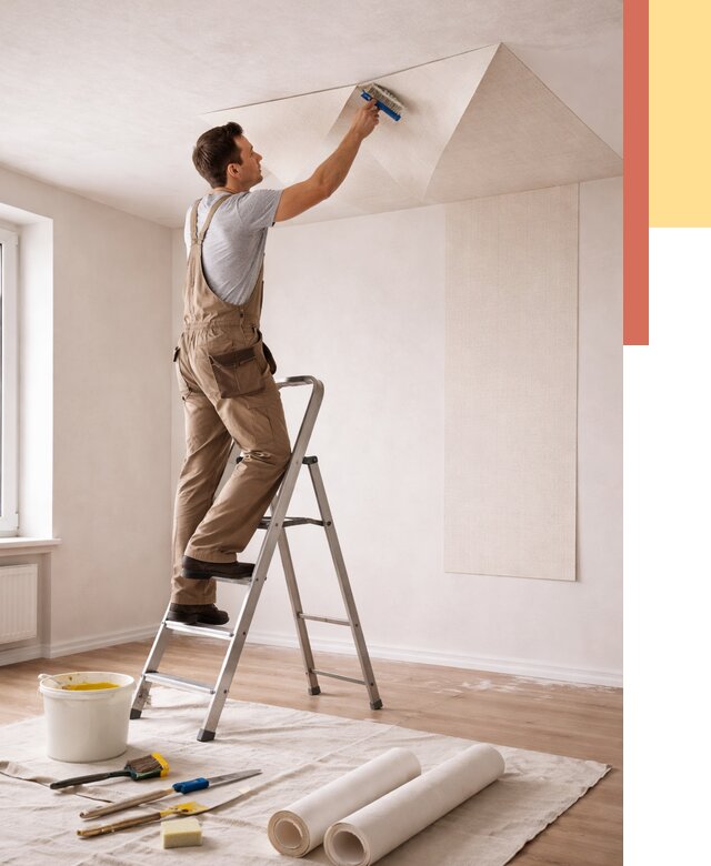 Поклейка обоев на потолок в Саратове от 4605 руб. быстро и недорого | ОТДЕЛОЧНИК-Срт